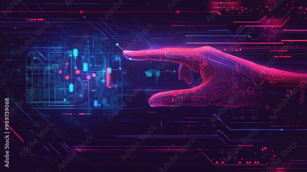 Poster futuristic human hand interacting with cybernetic holographic display in minimal vector style
