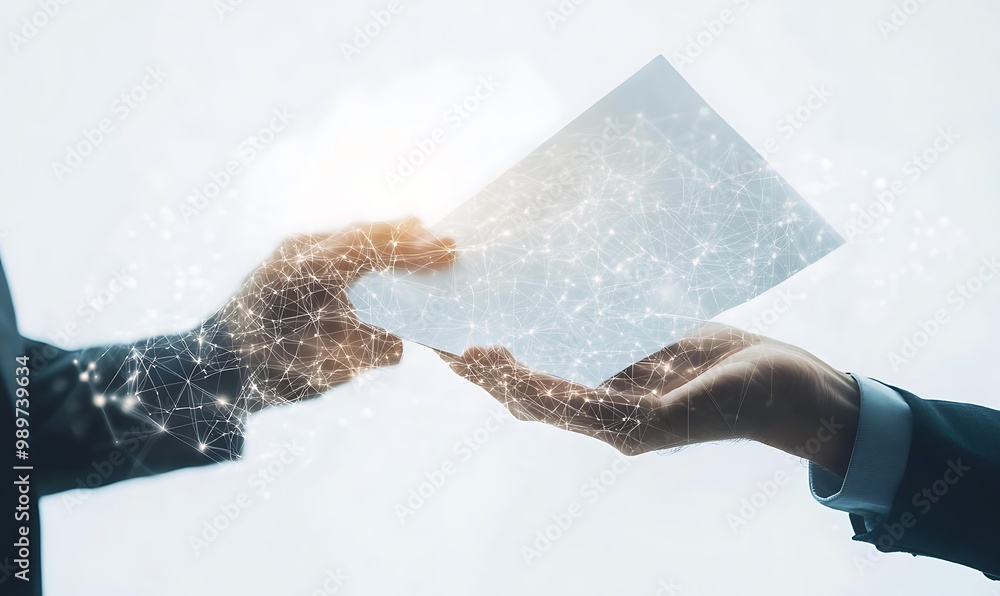 Poster businessperson holding document with recipient's hands and connecting digital data lines in double e
