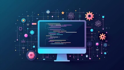 Software Development Illustration: Coding on Computer Screen with Programming Elements