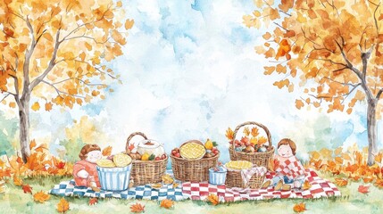 A 1970s family Thanksgiving picnic in a colorful autumn park