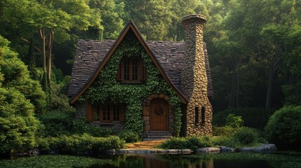 Obraz premium Charming Stone Cottage by the Pond