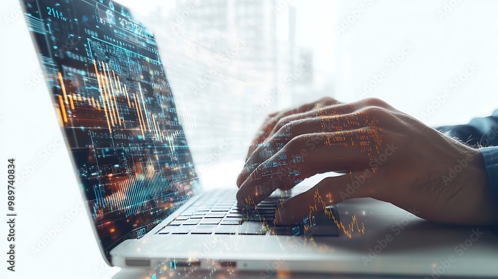 Poster hands typing on laptop with stock market graphs and financial data in double exposure
