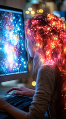 Young woman with glowing hair looking at a computer screen showing a galaxy.