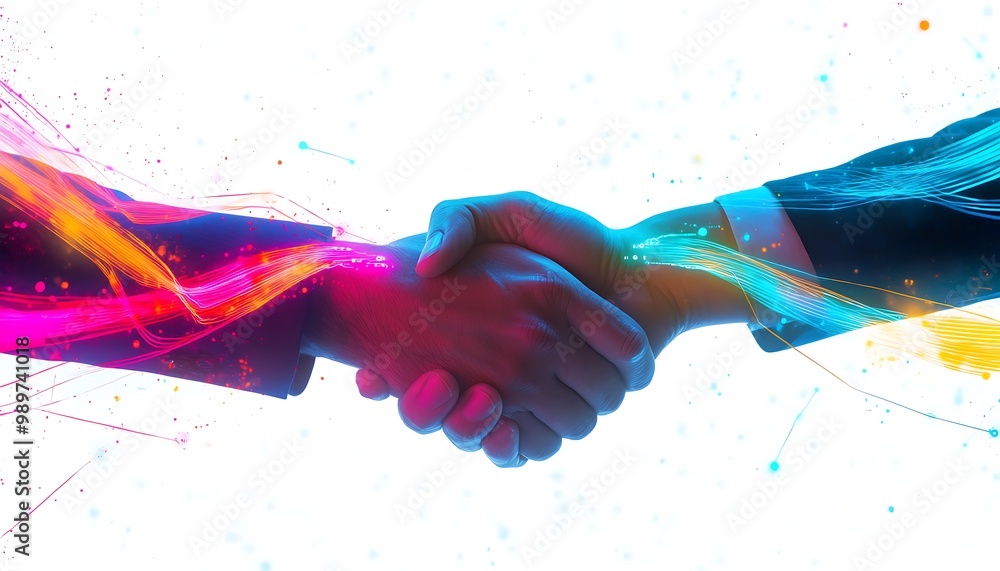 Poster Hands Shaking Over Tablet with Bright Neon Data Streams in Double Exposure Symbolizing Business Deal
