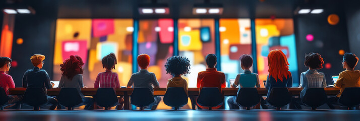 Diverse group of people watch a colorful presentation.