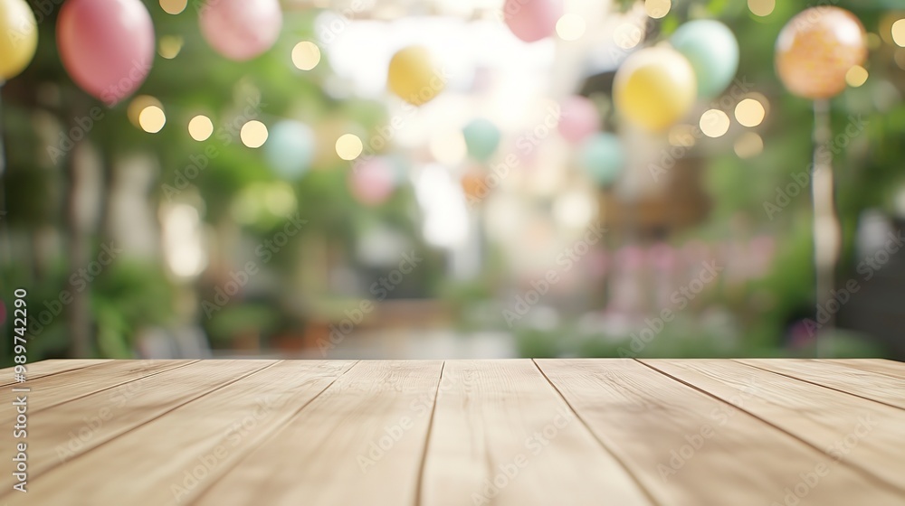 Poster blurred party backdrop behind an empty wooden table representing spring fun