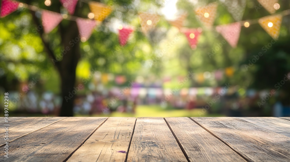 Poster blurred party backdrop behind an empty wooden table representing spring fun