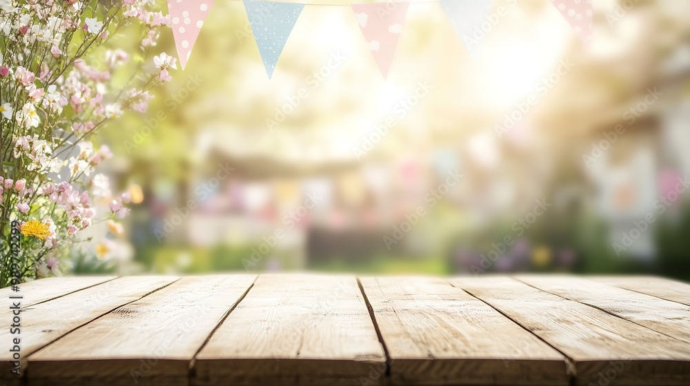 Poster blurred party backdrop behind an empty wooden table representing spring fun