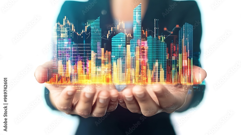 Aufkleber Hands Holding Financial Portfolio with Digital Data Grids and Graphs in Double Exposure
