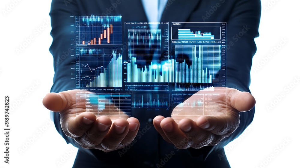 Aufkleber Hands Holding Financial Portfolio with Digital Data Grids and Graphs in Double Exposure