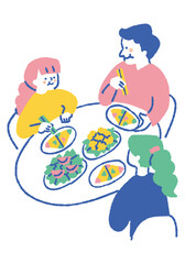 A family of three enjoying a meal _color