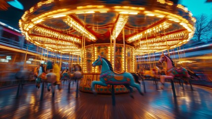Fototapeta premium Carousel bright lights painted horses spinning blur motion creating vibrant scene. AI generated