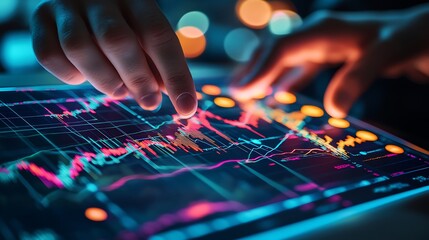 Naklejka premium Hands Pointing at Financial Document with Stock Market Graphs and Glowing Data Lines in Double Exposure