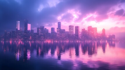 Fototapeta premium Foggy city skyline with sun rising tranquil morning images
