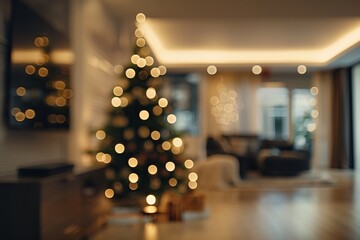 Modern blurred interior of a living room decorated for Christmas. christmas tree, presents, soft focus