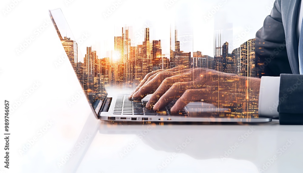 Aufkleber hands typing on laptop with smart city infrastructure and data streams in double exposure
