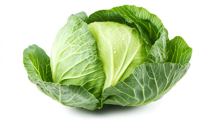 Obraz premium Head of fresh white cabbage with dew drops, isolated on a white background. High-quality color image perfect for design projects and illustrations.
