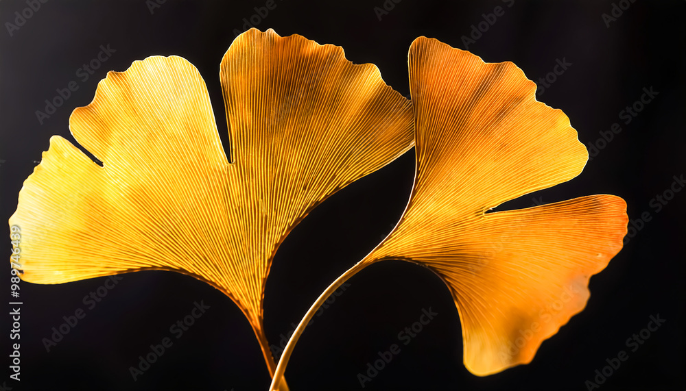 Wall mural ginkgo biloba, yellow, illuminated, 2 images, autumn leaves, fall, plants, season, black background,