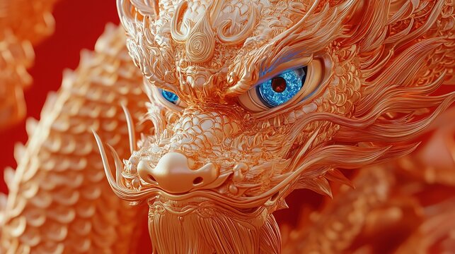 This stunning Chinese Golden Dragon wallpaper features intricate designs with captivating blue dragon eyes, all rendered in the style of Cinema 4D. 