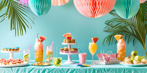 Tropical Themed Party Table with Colorful Drinks and Snacks; Summer Party Decor with Tropical Cocktails and Table Setup