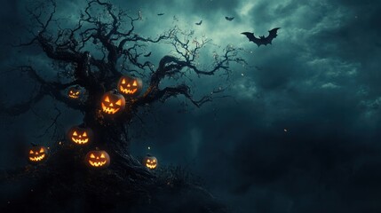Old, twisted tree with glowing jack-o'-lanterns and bats flying through a dark Halloween sky.