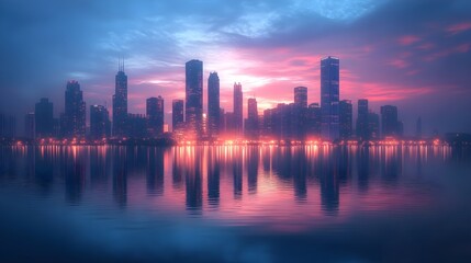 Fototapeta premium City shrouded in morning fog with sun rising scenic images