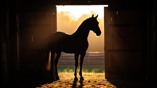 Silhouetted Horse in Stable Doorway at Dawn - Powered by Adobe