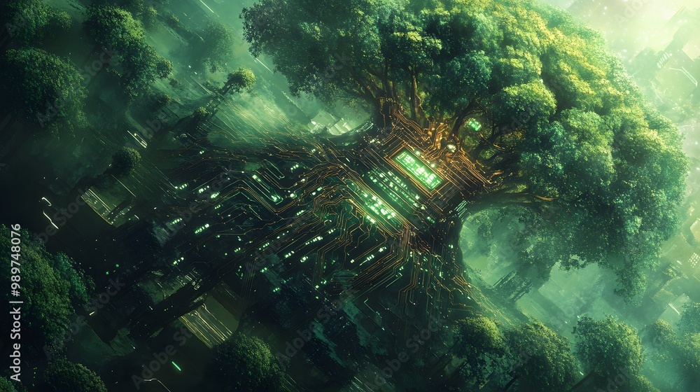 Poster 35. a fusion of nature and technology with trees and circuits intertwined