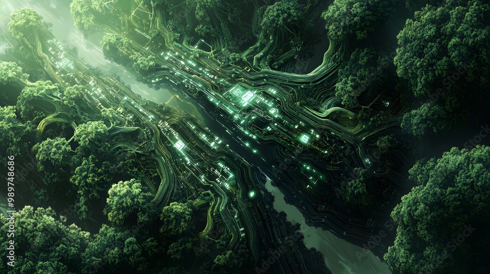 Aufkleber 35. a fusion of nature and technology with trees and circuits intertwined