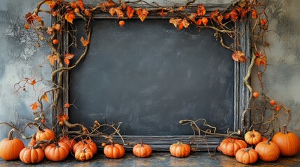 Autumnal Chalkboard with Pumpkins and Vines