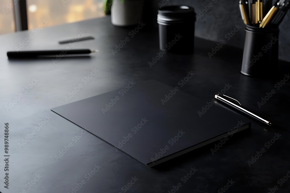 Poster an empty file folder on a sleek black desk, basic