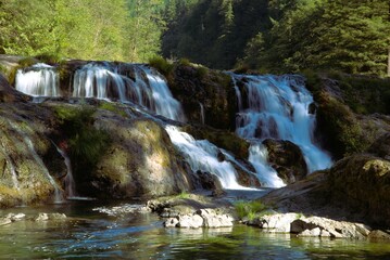 View of Reeder Waterfall, with flowing over rocky riverbed in dappled sunlight in a dense pine woodland on a sunny day.
