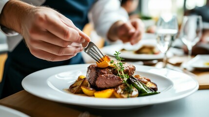 Chef's hands plating gourmet dish culinary expert touch creativity elegance. AI generated.