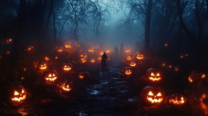 Naklejka premium Spooky forest path lined with glowing jack-o'-lanterns, shadowy figures, and eerie fog.