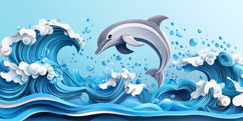 Fototapeta premium dolphin elegantly jumps from vibrant, layered blue waves, showcasing its graceful motion. The design features intricate paper cutouts against a serene light blue backdrop.