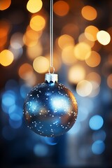 A shimmering black ornament hanging beautifully against a backdrop of festive lights