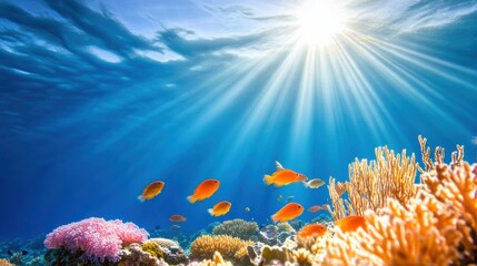 Obraz premium Vibrant Underwater Scene with Colorful Coral and Fish