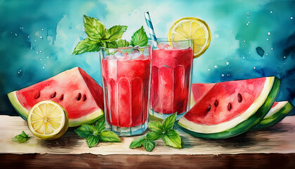 Two glasses of refreshing watermelon juice with lemon slices and mint leaves, next to a slice of watermelon on a wooden table.