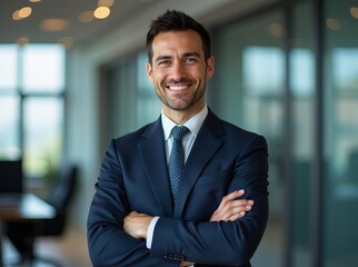 Fototapeta premium Confident Businessman Portrait: Successful Professional in Modern Office Environment Showcasing Leadership and Corporate Excellence