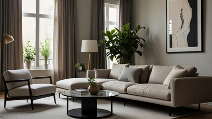 Template of stylish interior of living room in beige color in daylight. Trendy home with sofa, table, plants, pillows, vases with large windows