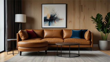 Template of vintage interior of living room with  leather sofa. Modern home with sofa, table, plants, pillows and posters on wooden wall