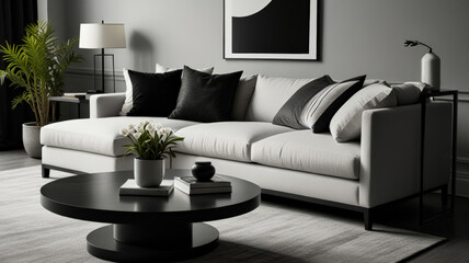 Monochrome stylish interior of living room. Template of modern home with sofa, black table, plant, pillows, books