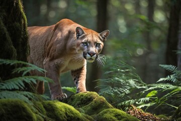 Naklejka premium Puma Stalking Through a Dense Forest in Dappled Sunlight