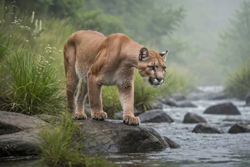 Gordijnen Puma Walking Along the Edge of a Mountain Stream in a Misty Valley © AungMyintMyat
