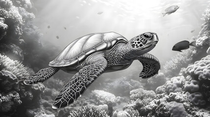 Fototapeta premium Turtle Swimming Underwater with Coral Reefs and Fish