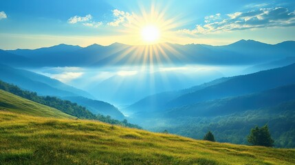 Fototapeta premium Panoramic view of mountain landscape during a golden sunset