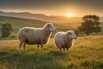 Fototapeta premium Sheep Grazing in a Rolling Green Pasture at Sunrise