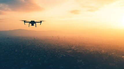 Fototapeta premium A drone flying over a cityscape during sunset, capturing aerial views.