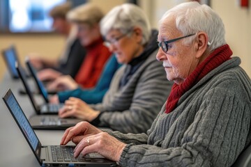 Seniors in a technology workshop, each using laptops to learn about online safety and protecting personal information