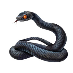 Fototapeta premium A black snake with red eyes and a forked tongue is coiled up on a black background.
